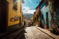 Colorful street in old part of Bogota with traditional houses along the narrow alley.Generated AI