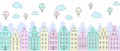 Colorful street panorama with facades of European old buildings, hot air balloons and clouds Royalty Free Stock Photo