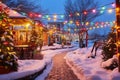 colorful string lights curving over a snow-packed patio Royalty Free Stock Photo
