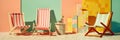 Colorful striped beach chairs on sand near green and orange tiled wall. Summer vacation relax background. Created with generative Royalty Free Stock Photo