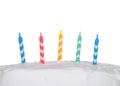 Colorful birthday candles on white frosted cake close up Royalty Free Stock Photo
