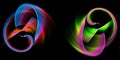 Colorful striped planes, straight, curved in an arc and in the shape of a heart, are layered on a black background.