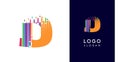 Colorful stripes transitioning into pixel-like elements fat logo template, letter D, abstract equalizer logotype for