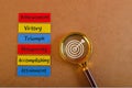 Colorful strips with text Achievement, Victory, Triumph, Prosperity, Accomplishing and Attainment. Success similar word concept