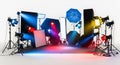 Colorful studio lighting setup with various lights and umbrellas on stands light stands softboxes Royalty Free Stock Photo