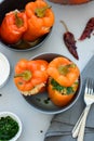 Colorful stuffed peppers on gray wooden background. Selective focus. Healthy food concept Royalty Free Stock Photo