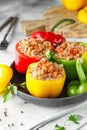 Colorful stuffed peppers with rice and minced meat. Stuffed paprika with rice and meat Royalty Free Stock Photo