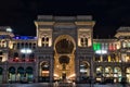 Colorful, stunning front of the magnificent triumphal arch entrance of the Galleria Vittorio Emanuele II during the night