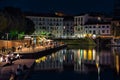 Colorful, stunning Milan dockyard, Darsena di Milano area during the night. Long exposure photography