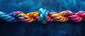 Colorful sturdy rope with knot on blue background. Concept of teamwork, unity, cooperation, partnership, and support. Royalty Free Stock Photo