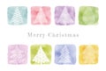 Colorful stylish Christmas card with watercolor and Japanese pattern Christmas trees