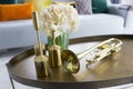 Tylish living room with gold trumpet on table.