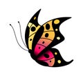 Colorful stylized butterfly. Flying bright insect silhouette in black, pink and yellow colors, minimalistic decorative