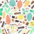 Colorful stylized cacao pods with chocolate bars and spices. seamless vector pattern background