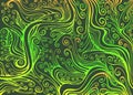 Colorful stylized decorative background with curls and patterned waves, juicy bright yellow lemon light green gradient