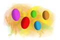 Colorful stylized easter eggs in an abstract yellow and green pastel watercolor splash cloud isolated on white background. Royalty Free Stock Photo