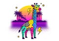Colorful, stylized giraffe illustration features bright patterns including zigzags, dots, and Royalty Free Stock Photo