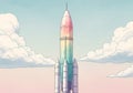 A colorful, stylized illustration of a rocket on a launch pad, set against a pastel sky Royalty Free Stock Photo
