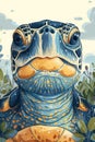 Stunning Close-up Portrait of a Sea Turtle with Vibrant Blue and Gold Hues Royalty Free Stock Photo