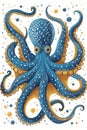 Stunning Blue Octopus with Orange Accents, Underwater Wildlife Illustration Royalty Free Stock Photo