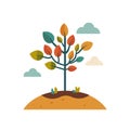 Colorful stylized tree vector illustration, autumn hues leaves, growing mound soil. Simple, flat Royalty Free Stock Photo