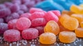 Colorful sugar jelly candies on wooden background. Selective focus