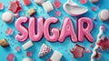 Colorful 'SUGAR' text surrounded by sweets, illustrating the ubiquity and appeal of sugar Royalty Free Stock Photo
