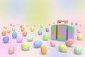 Colorful suitcase on happy Easter eggs travel background