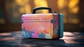 A colorful suitcase sitting on a wooden table, AI