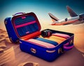 Colorful suitcase for travel and camera. Vacation accessories. Summer time