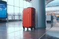 Colorful red suitcase at airport travelers hand luggage airport terminal awaits departure flight abandoned passenger