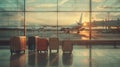 Colorful suitcases standing in a row in airport near window with view on plane. Sunset time. Aesthetics of air trips