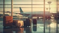 Colorful suitcases standing in a row in airport near window with view on plane. Sunset time. Aesthetics of air trips