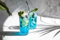 Colorful summer alcoholic blue drink with ice and fresh blueberries, garnished with lemon slices and mint. Non-alcoholic