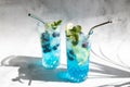 Colorful summer alcoholic blue drink with ice and fresh blueberries, garnished with lemon slices and mint. Non-alcoholic