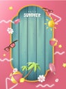 Colorful Summer banner background with Beach Accessories On Blue Plank - Summer Holiday Banner Royalty Free Stock Photo