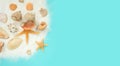 Colorful summer banner with seashells and starfish with sand on a blue background