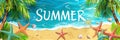 Colorful summer beach scene with starfish, seashell, palm tree and ocean wave banner. Panoramic web header. Wide screen