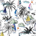 Colorful Summer Beautiful seamless pattern island with boat and