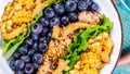 Colorful summer berry salad with corn, lemon, mustard, Food recipe background. Close up