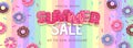 Colorful summer big sale poster with sweet donuts on rainbow background. Summertime background. Junk food background. Typography