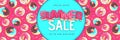 Colorful summer big sale poster with sweet donuts. Summertime background. Junk food background. Typography design