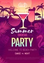 Colorful summer cocktail disco party poster with fluorescent tropic leaves and flamingo. Summertime beach background Royalty Free Stock Photo