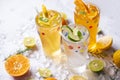 Colorful summer drink juicy, Exotic summer drinks refreshing variety of cold drinks glasses fresh fruit on ice homemade cocktail Royalty Free Stock Photo