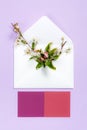 Colorful summer flowers in envelope and colorful sheets on violet background.