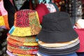 Colorful summer hats on a street market. Royalty Free Stock Photo