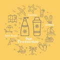 Colorful summer icons on yellow - sun protective cream Royalty Free Stock Photo