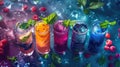 Colorful Summer Mocktails Surrounded by Fresh Berries and Herbs