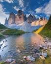 Colorful summer morning in Italy Alps, Tre Cime Di Lavaredo, Dolomites, Europe. Royalty Free Stock Photo