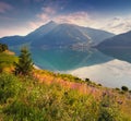 Colorful summer morning in the Resia (Reschensee) lake.